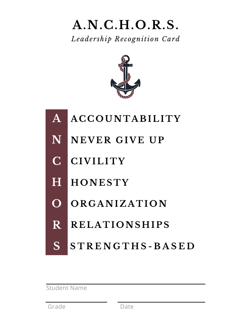 A.N.C.H.O.R.S. Leadership Recognition Card used at Central Florida Prep